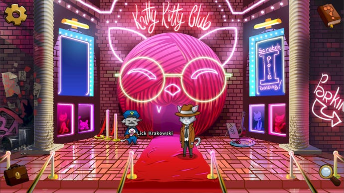 A cat detective stands in front of a pink night club entrance way shaped like a cat’s head in Nine Noir Lives