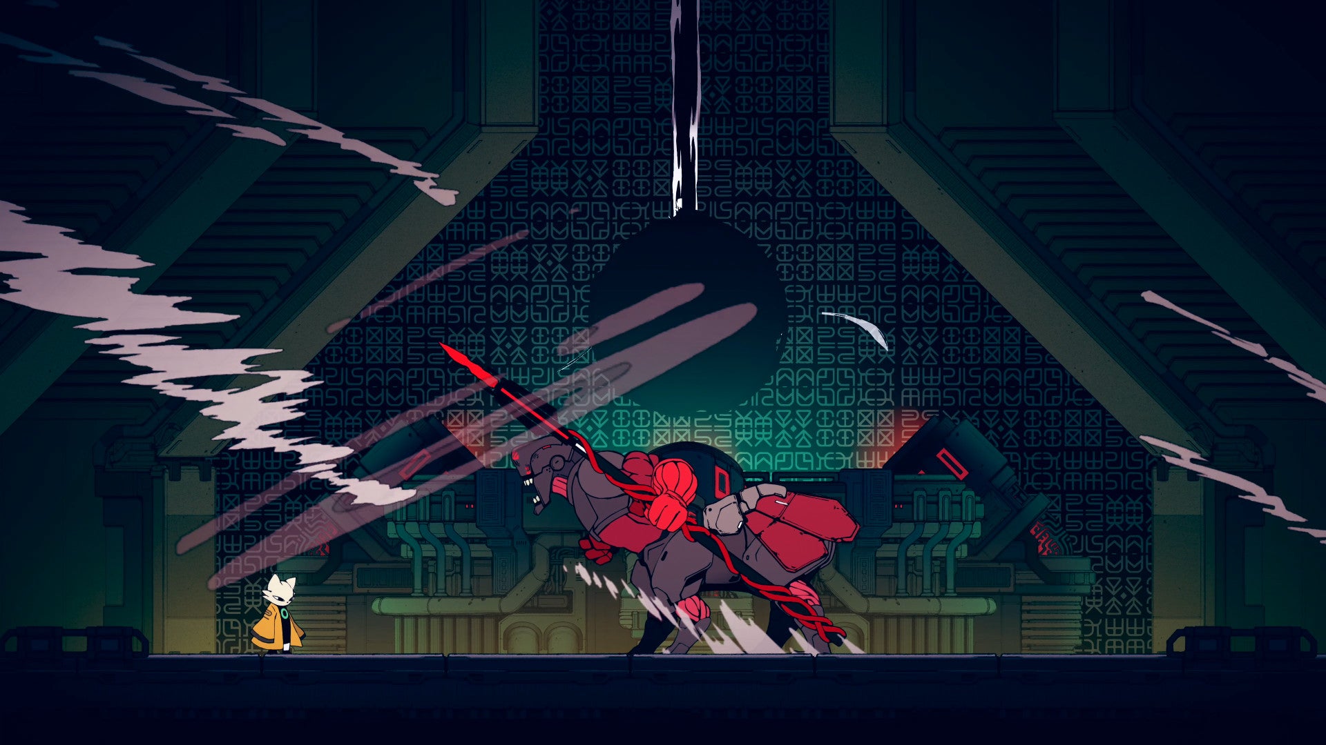 A samurai cat stands resolute in the face of a mechanical centaur in Nine Sols.