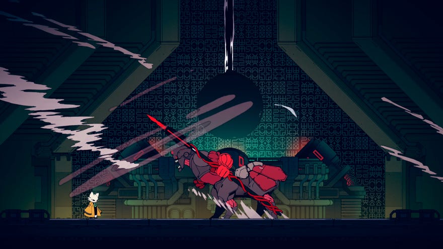 A samurai cat stands resolute in the face of a mechanical centaur in Nine Sols.