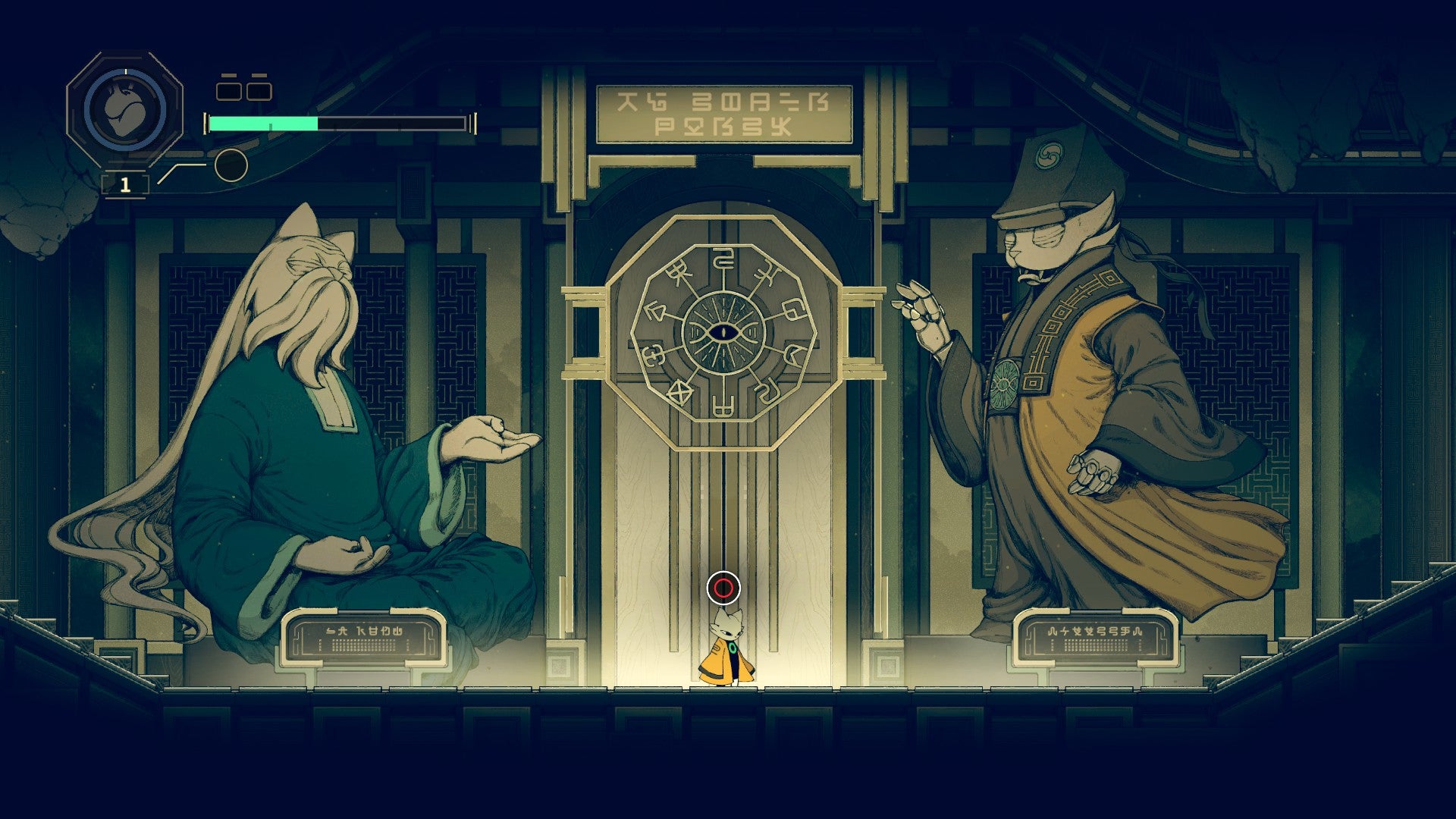 Yi flanked by massive statues in Nine Sols - 4