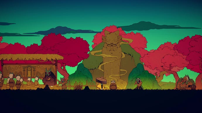 A samurai cat wanders through a tribal village in Nine Sols.