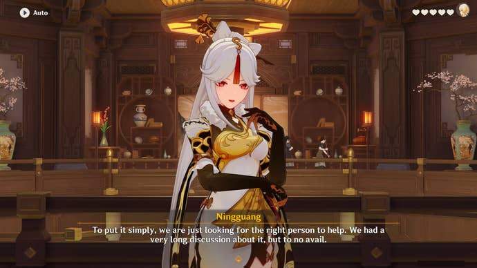 Ningguang speaks to the player in the Jade Chamber during her Hangout Event.