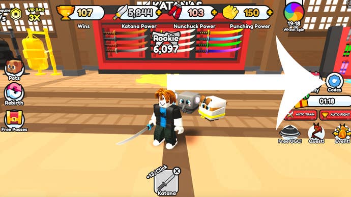 Arrow pointing at the button players need to press to access the Codes menu in the Roblox game Ninja Fighting Simulator.
