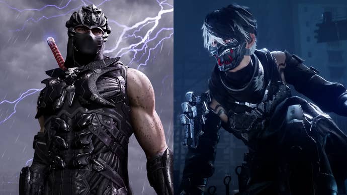 Split header image showing both Ninja Gaiden 4 masked protagonists: Ryu with lightning behind him and Yakumo crouched down in the dark