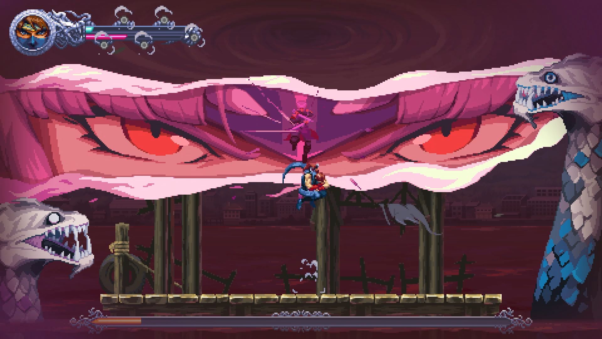 A pair of eyes stare intensely out of the screen as the player fights a pair of giant eels. - 5