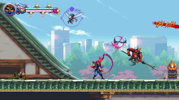 The subordinate fights atop immoderate roofs arsenic bug demons and different foes attack.