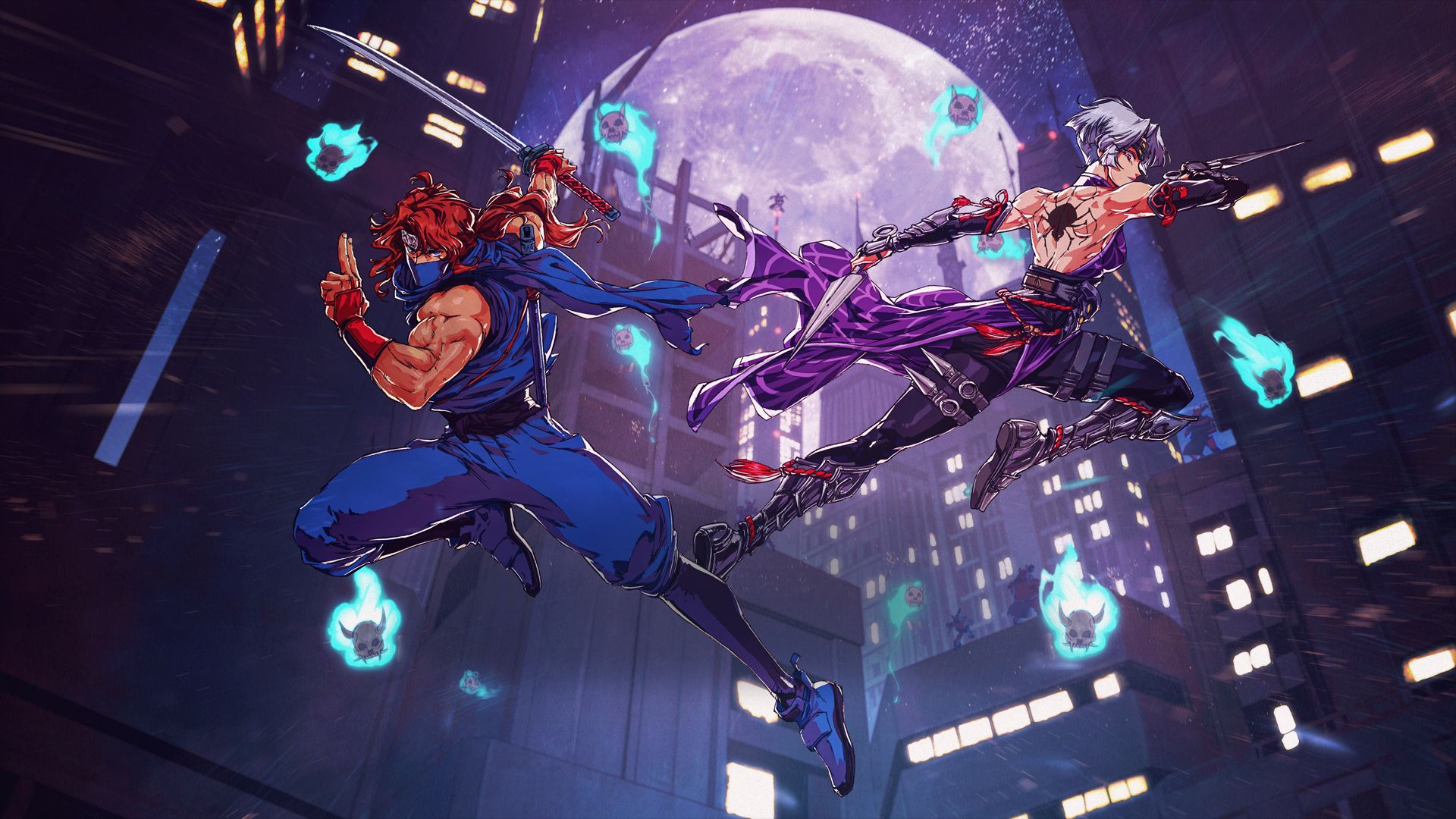 The heroes of Ninja Gaiden Ragebound pose in fighting form with a city in the background. - 1