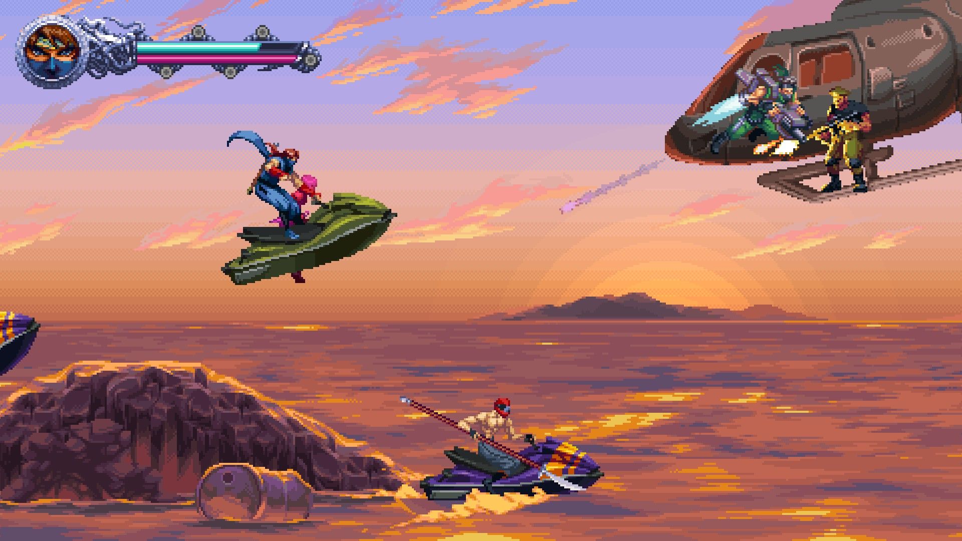 The player jumps from a rock on a jetski as a helicopter shoots at them. - 6