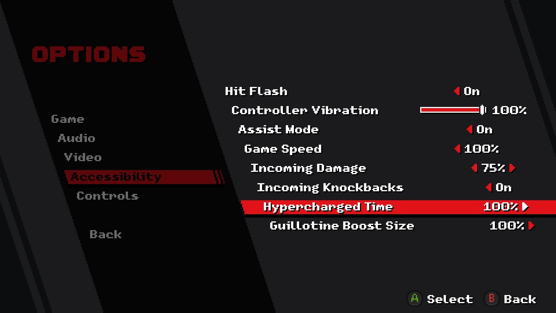 A screen shows the accessibility menu, including options to turn damage down and knockbacks off.