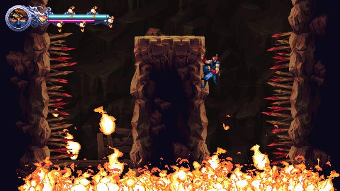 A ninja clambers away from flames.