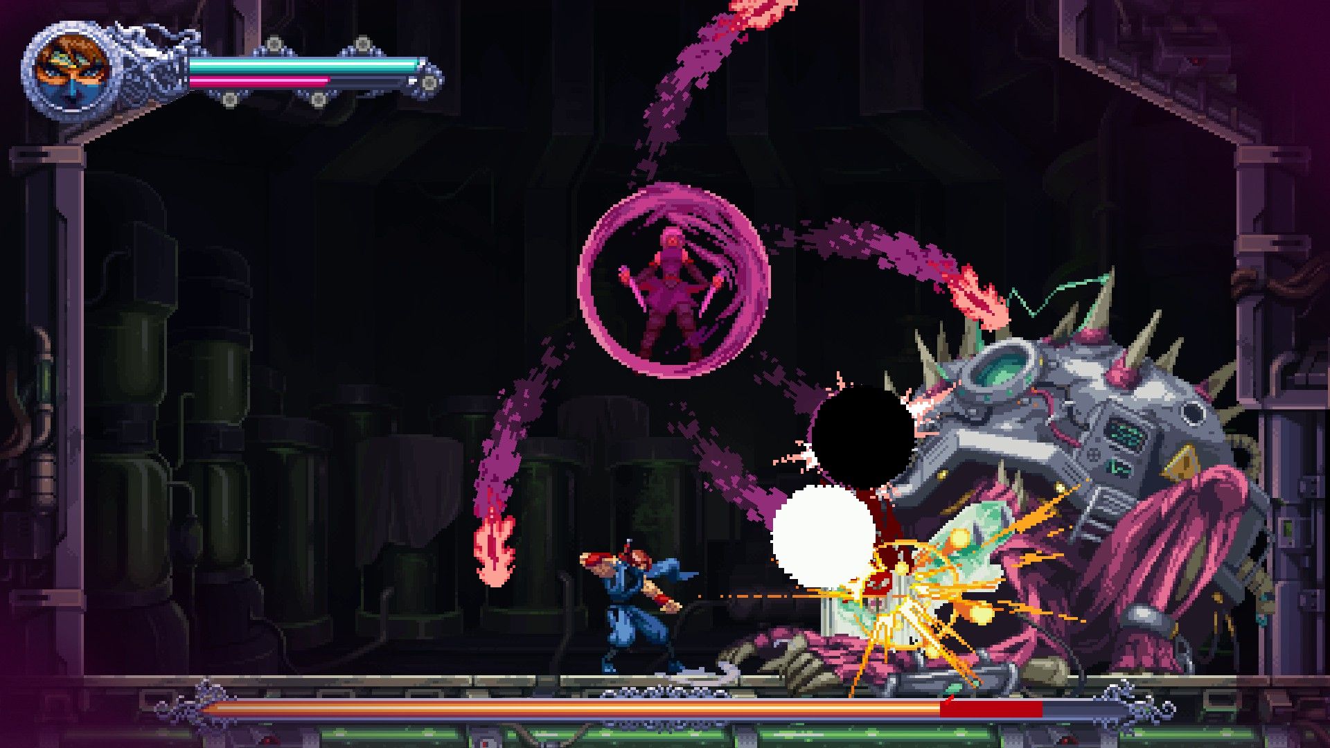 A ghostly ninja performs a super magic attack on a mecha tutrle boss.