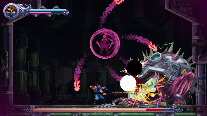 A ghostly ninja performs a super magic attack on a mecha tutrle boss.