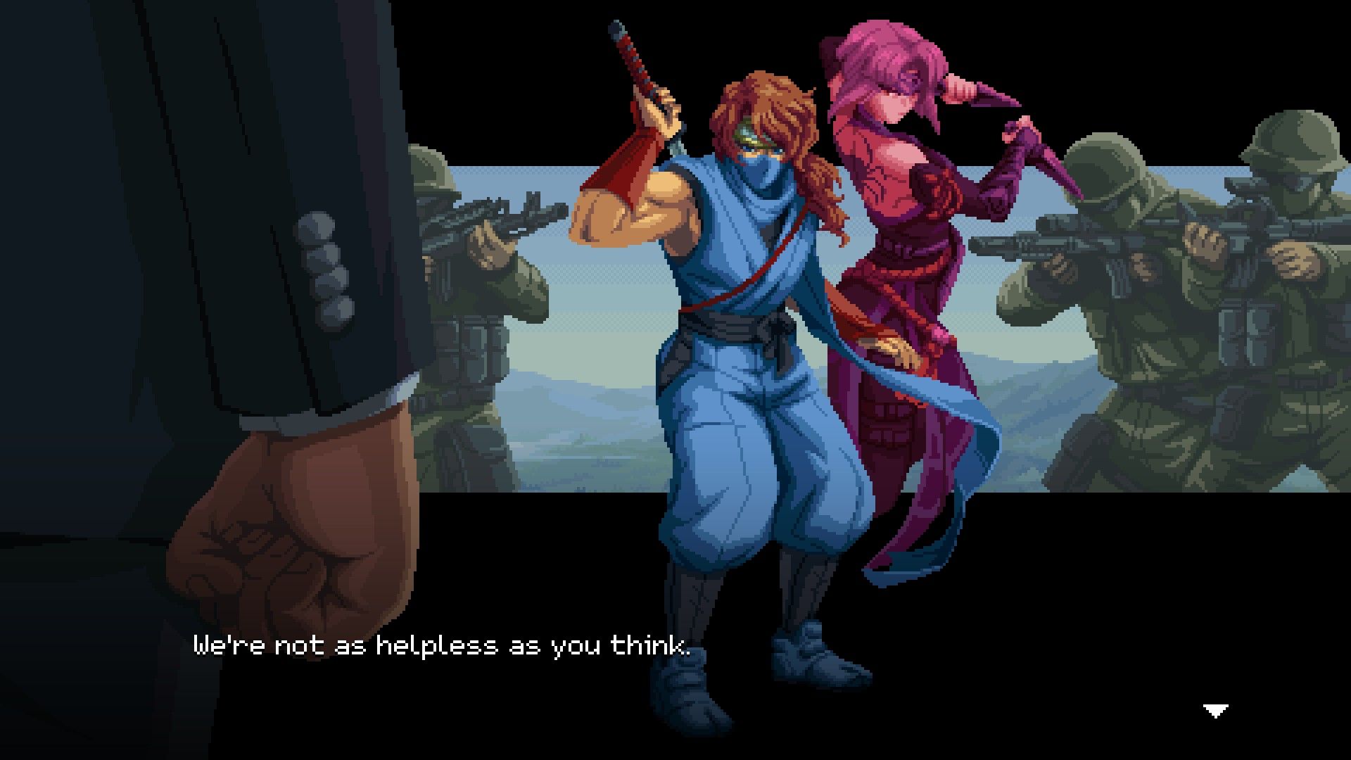 The two heroes of Ninja Gaiden: Ragebound stand back to back while surrounded by soldiers. - 4