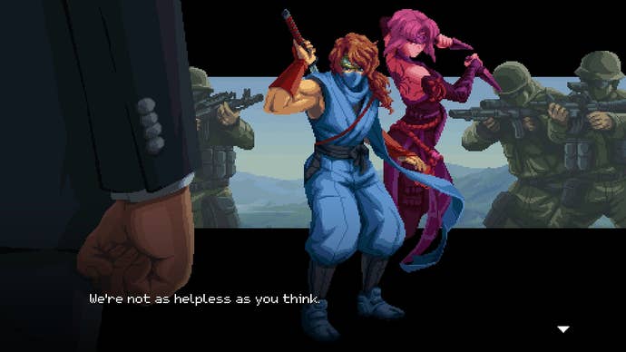 The two heroes of Ninja Gaiden: Ragebound stand back to back while surrounded by soldiers.