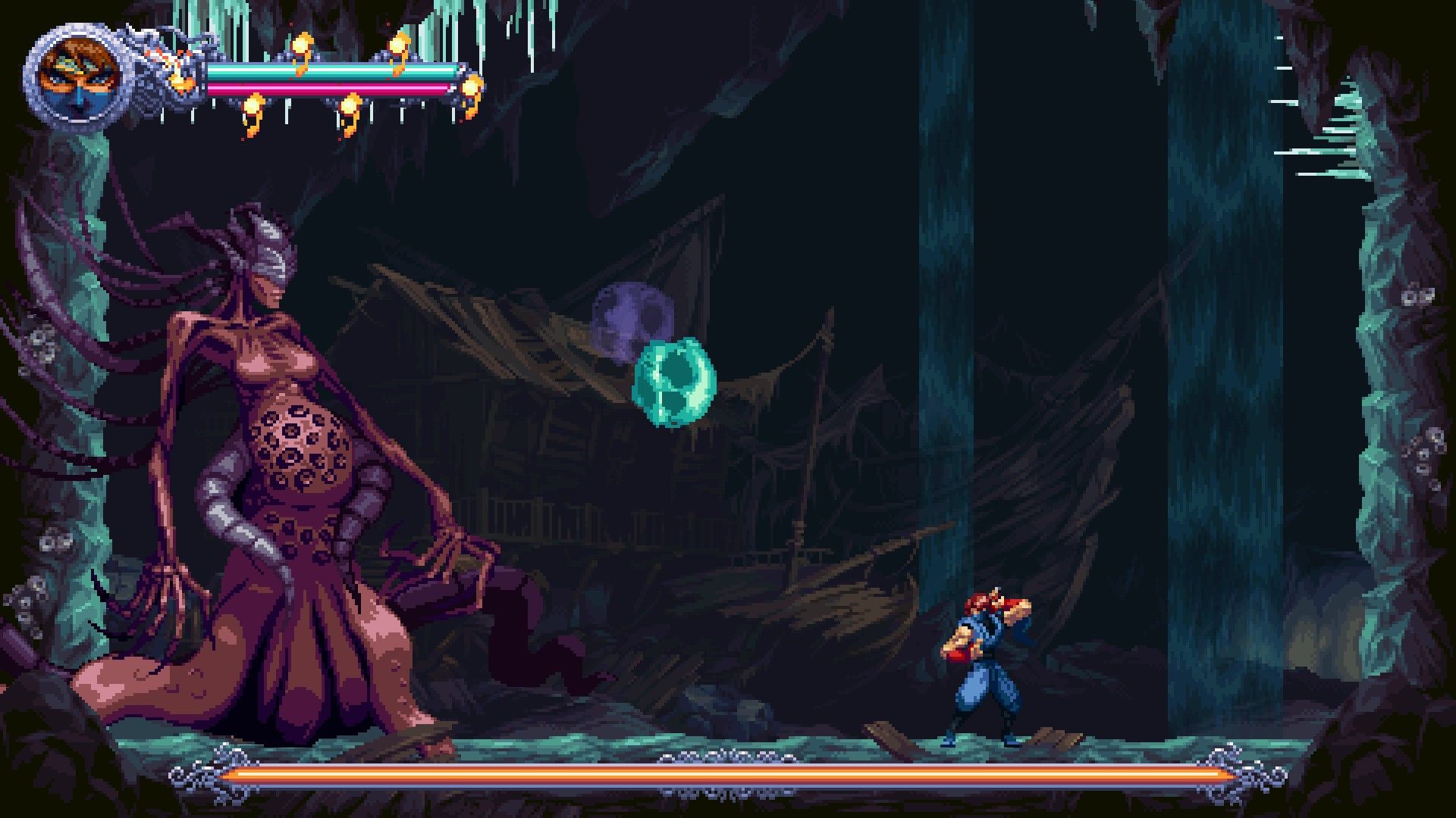 The player faces a twisted demon boss who lobs green spit at them.