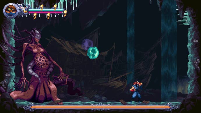 The player faces a twisted demon boss who lobs green spit at them.