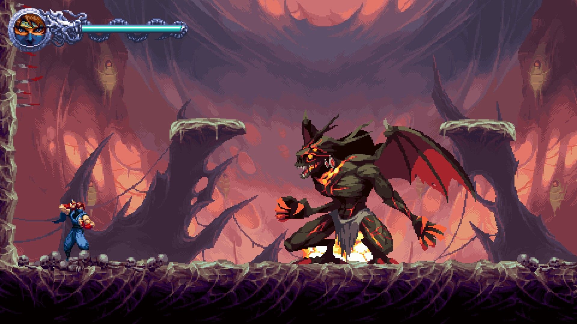 A large winged demon gets ready to fight the player in a hell dimension. - 1