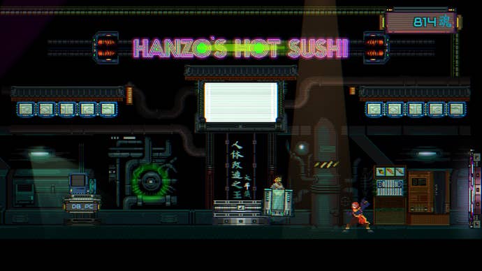 Ninja Issen screenshot featuring the protagonist outside a shot called 'Hanzo's Hot Sushi'