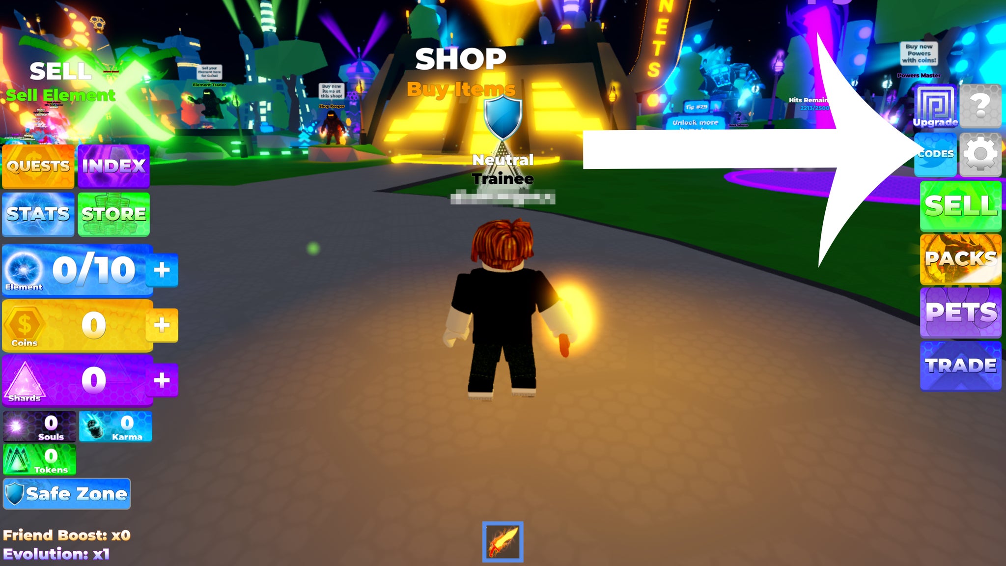 Arrow pointing at the codes button in the Roblox game Ninja Legends 2. - 3
