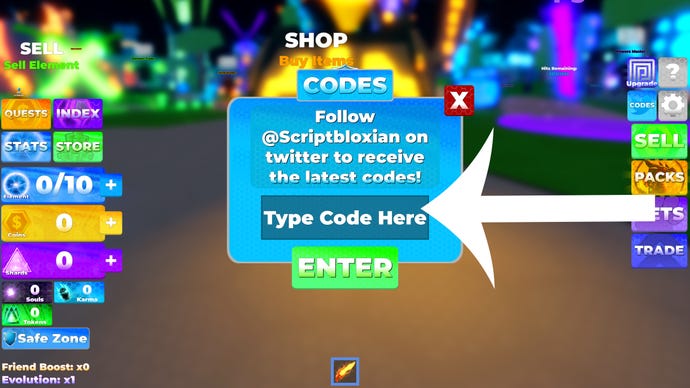Arrow pointing at the codes menu in the Roblox game Ninja Legends 2.