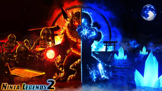 A hulking warrior against the background of a split screen. To their left, a fiery landscape with animated skeletons. To their right, an icy landscape with a full moon in the sky.