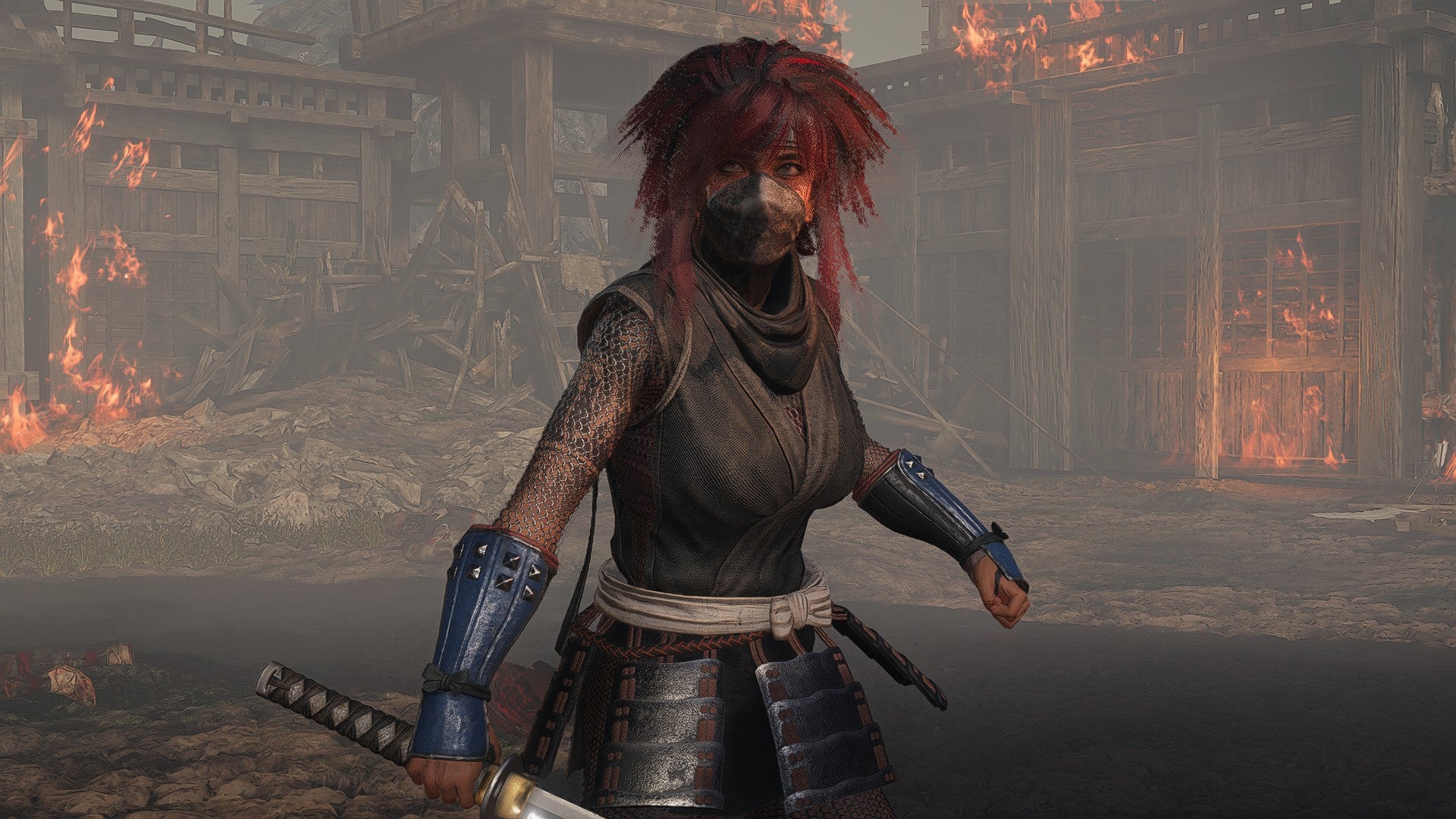 Takechiyo, in her Ninja form, holds a blade and looks cautious in a cutscene from Nioh 3.
