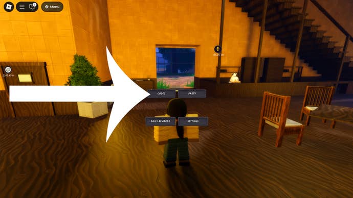 An arrow pointing at the codes button in the Roblox game Ninja Time.