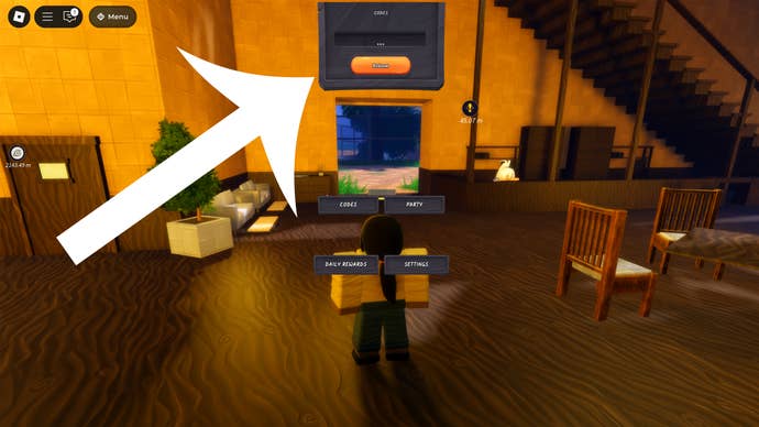 An arrow pointing at the codes menu in the Roblox game Ninja Time.