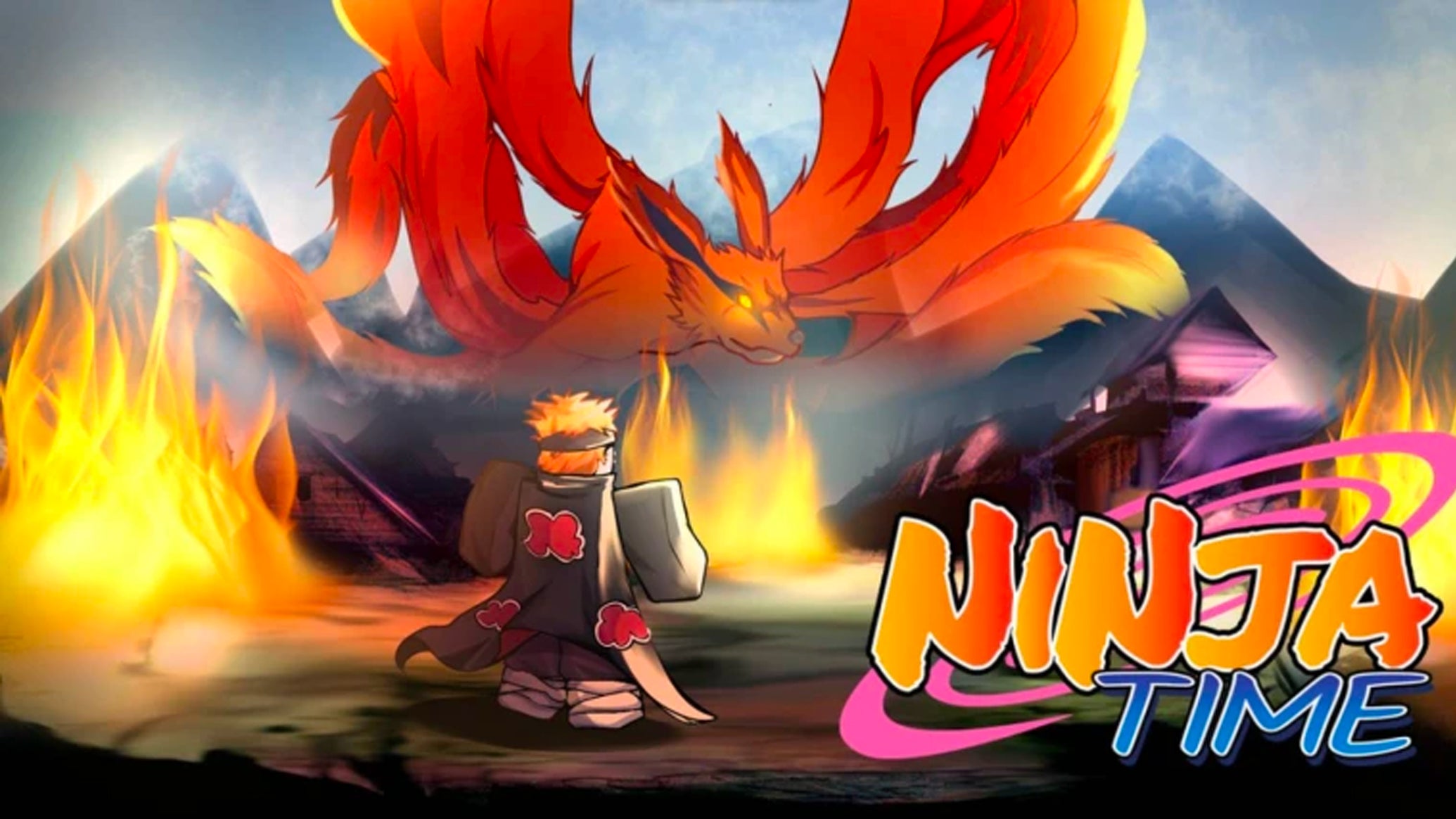 Artwork for the Roblox game Ninja Time, showing a Naruto-inspired character standing by a huge fox-like creature with many tails. - 1