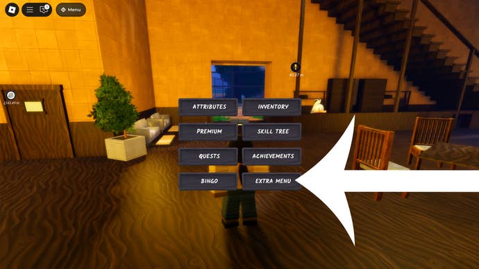 An arrow pointing at the Extra Menu button in the Roblox game Ninja Time.