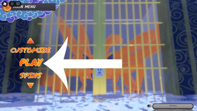 The main menu in the Roblox game Ninja Time with an arrow pointing at the Play button.