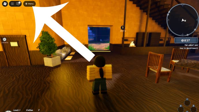 An arrow pointing at the in-game menu button in the Naruto-inspired Roblox RPG Ninja Time.