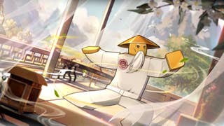 Artwork for the Roblox game Ninjitsu: Master of Elements, showing a gray-haired, Robloxified ninja warrior doing tai chi.