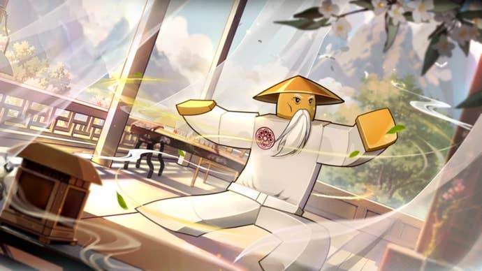 Artwork for the Roblox game Ninjitsu: Master of Elements, showing a gray-haired, Robloxified ninja warrior doing tai chi.