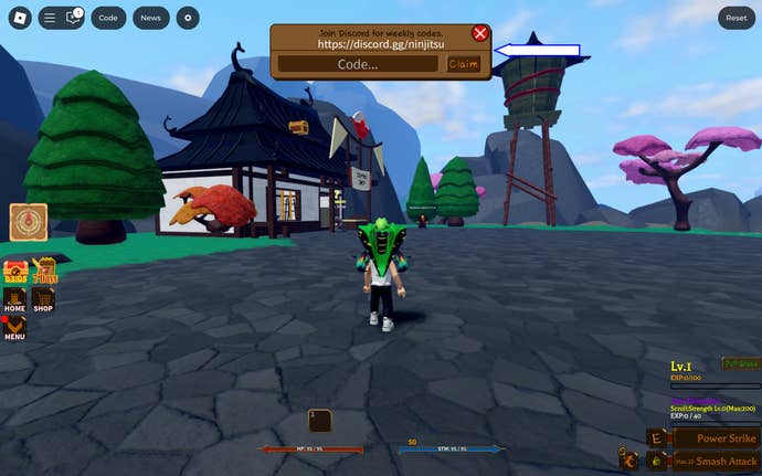 A screenshot of Ninjitsu: Master of Elements in Roblox showing the game’s codes page.