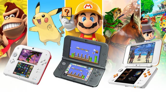 A 2DS, a 3DS, and a New 2DS all superimposed on front of key art from Donkey Kong, Pokemon, Mario Maker, Zelda, and Animal Crossing.