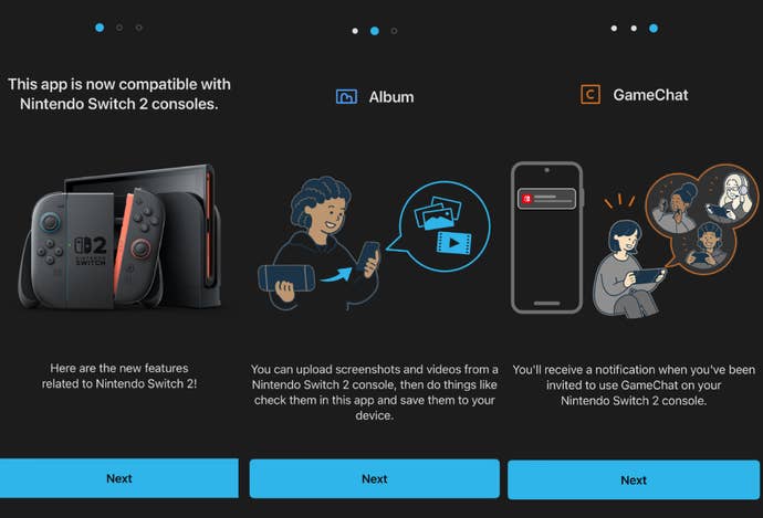 Três capturas de tela de novos recursos no aplicativo Nintendo Switch