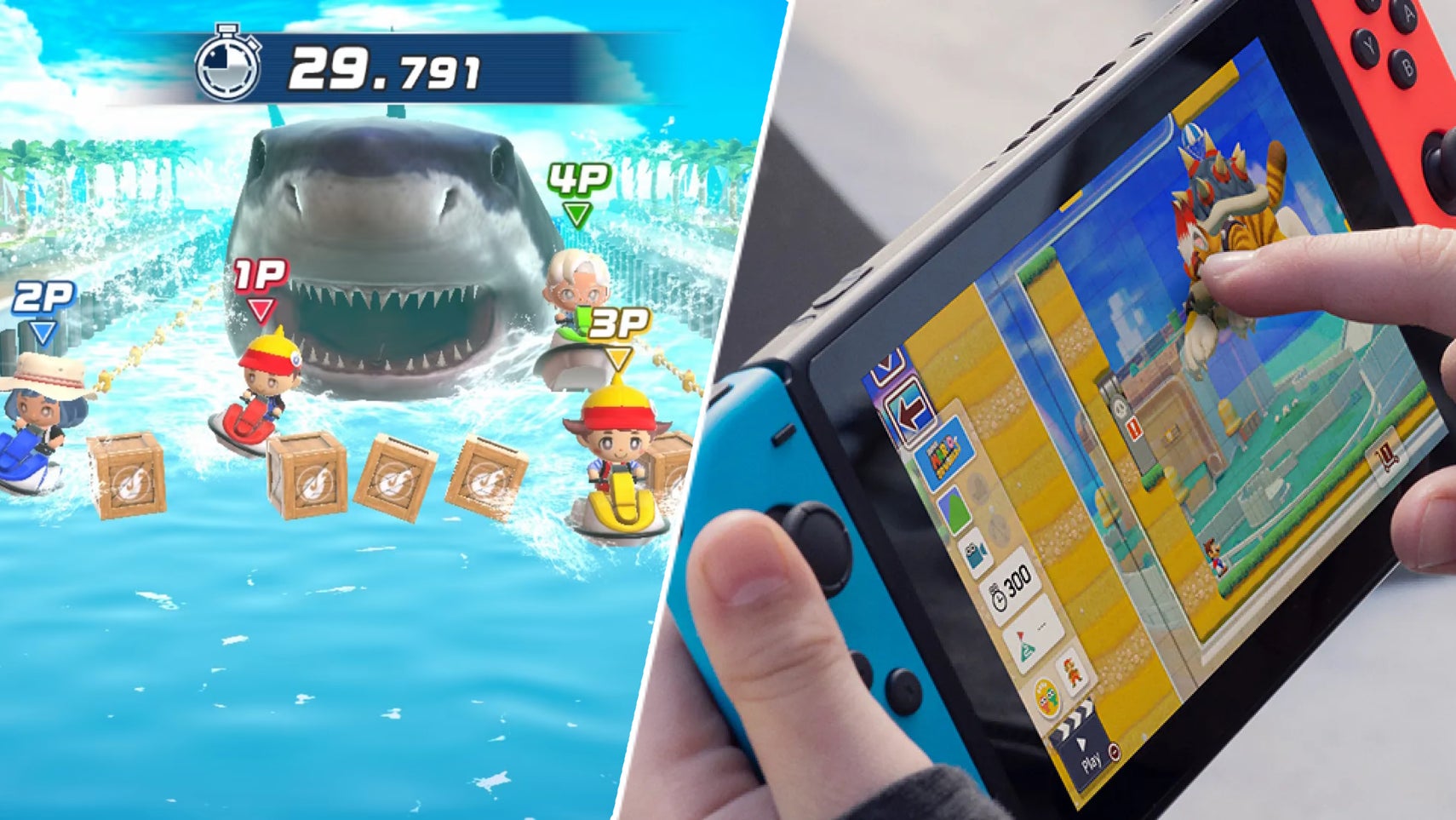 A Nintendo Switch next to some players being chased by a shark in Ace Angler: Fishing Spirits. - 1