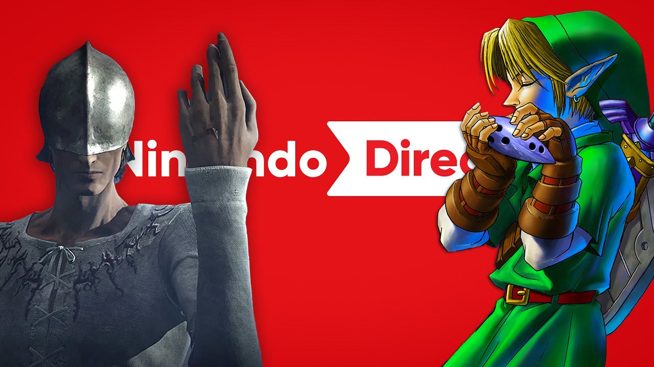 A red Nintendo Direct background overlaid by an elven character in a green tunic playing a flute-like instrument, and a steel-helmeted character in a woven shirt holding the back of their hand up to the camera.