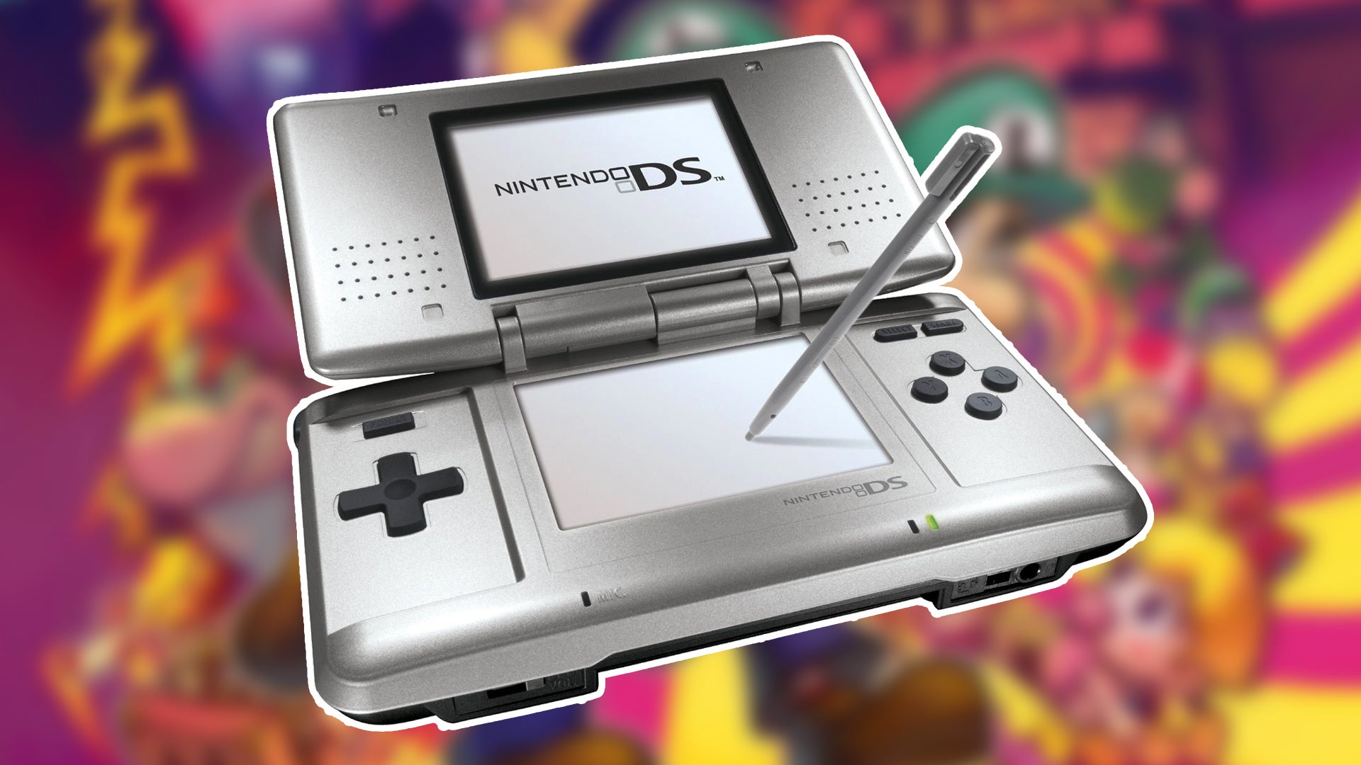 A silver Nintendo DS superimposed over a blurred image of Mario & Luigi: Partners in time key art. - 1