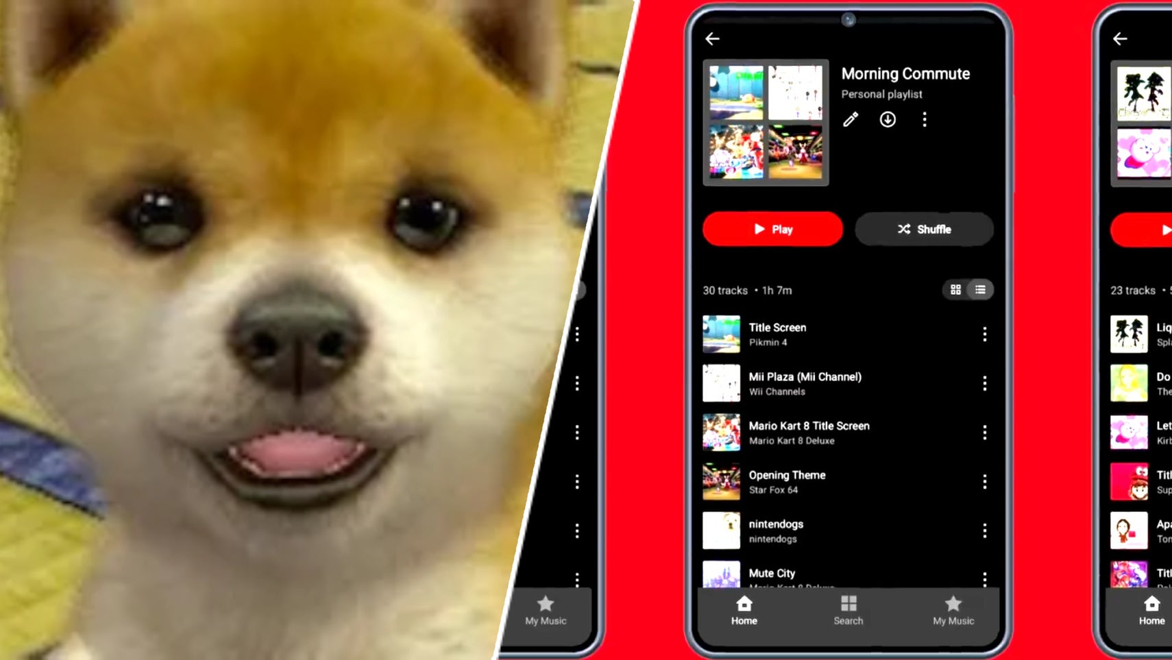 A nintendog alongside a phone showing a Nintendo Music playlist. - 1