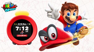 A Nintendo-themed alarm clock with key art of Mario through Cappy, a living version of his hat with big eyes on it.