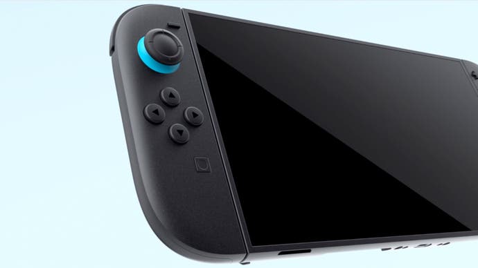 A close-up on the Nintendo Switch 2 console, showing the left Joy-Con which features fluorescent blue detailing.