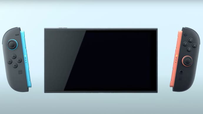 The Nintendo Switch 2 console with Joy-Cons, which has fluorescent detailing, either side of the system.