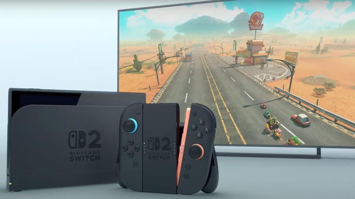The Nintendo Switch 2 console in docked mode, with the new Mario Kart game running on a TV screen.