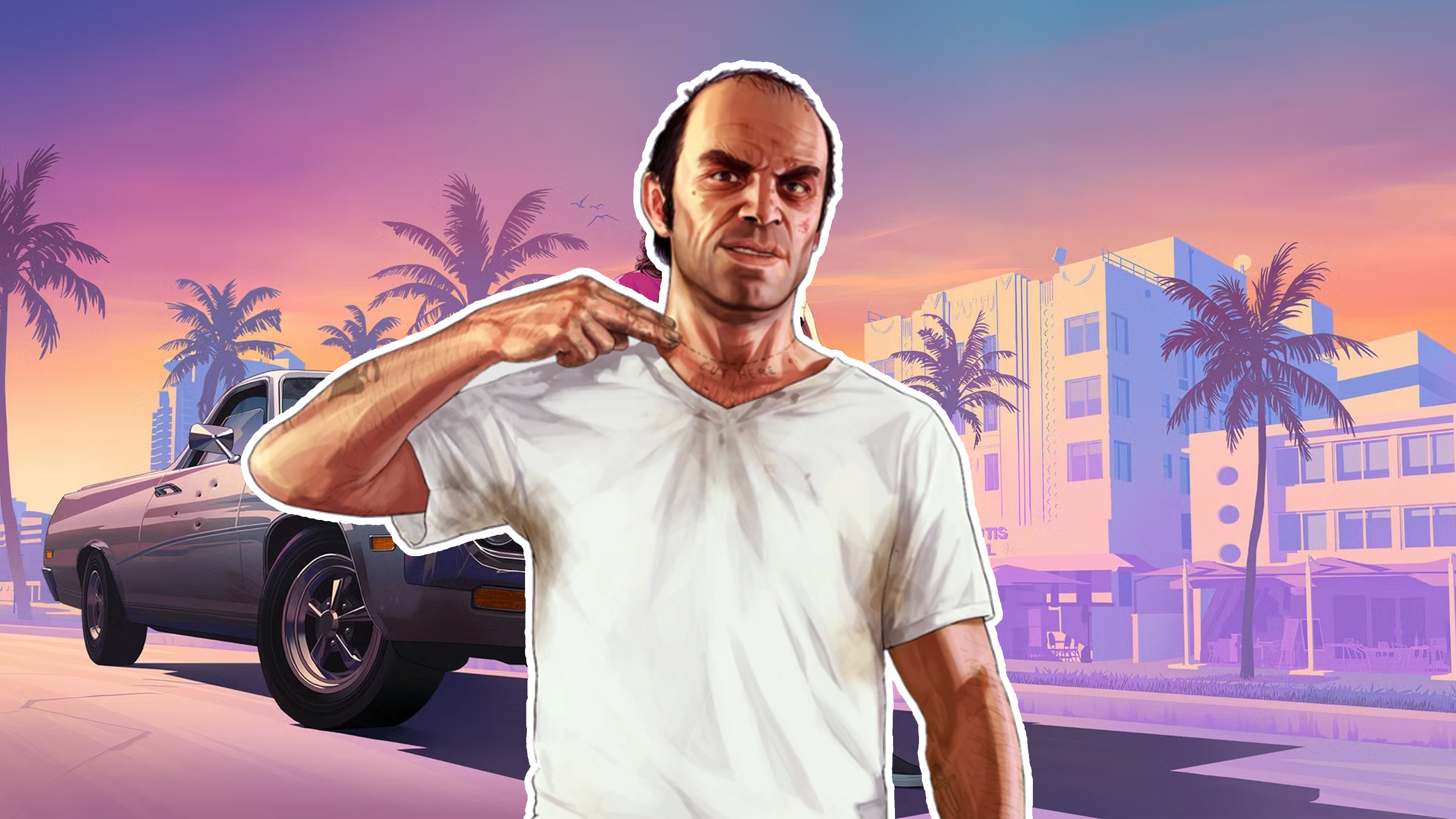 Trevor from GTA 5 in front of GTA 6 artwork.