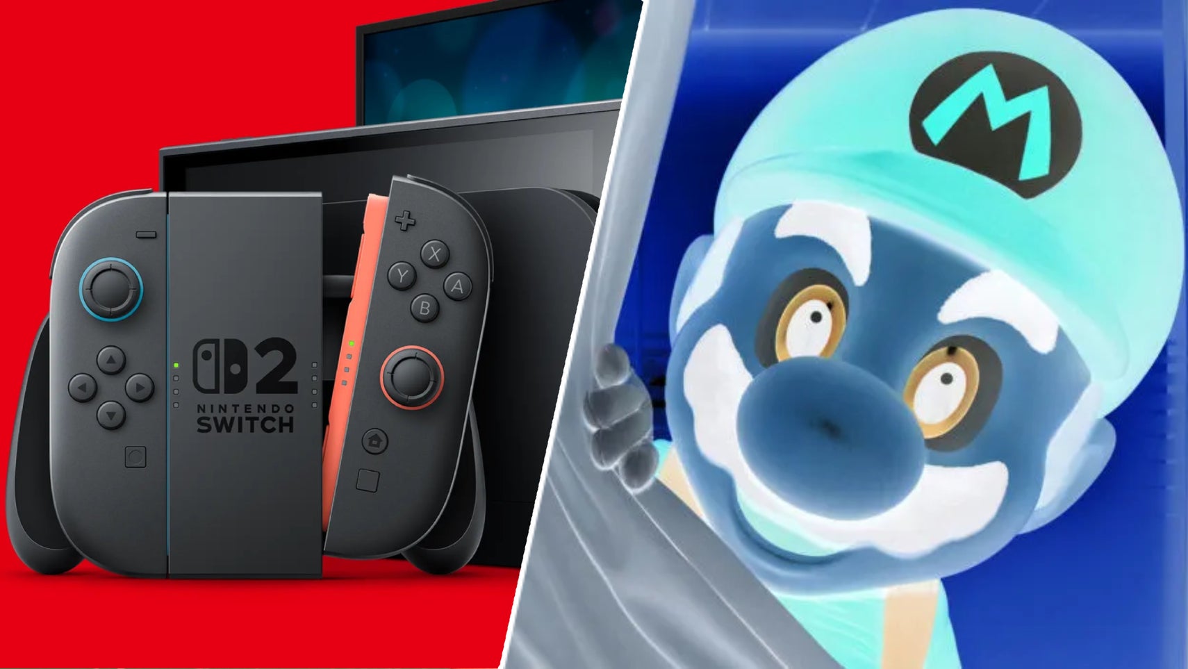 Inverted colours curtain Mario next to a Nintendo Switch 2. - 1