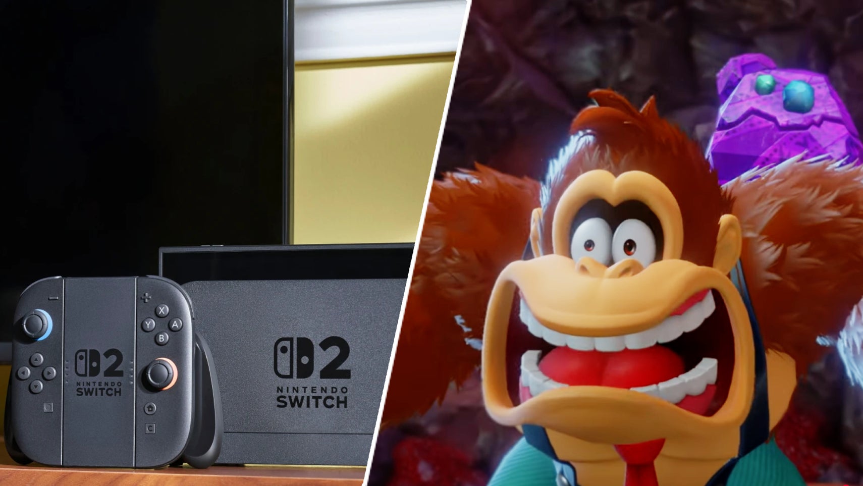 The Nintendo Switch 2 opposite Donkey Kong screaming in Donkey Kong Bananza. - 1