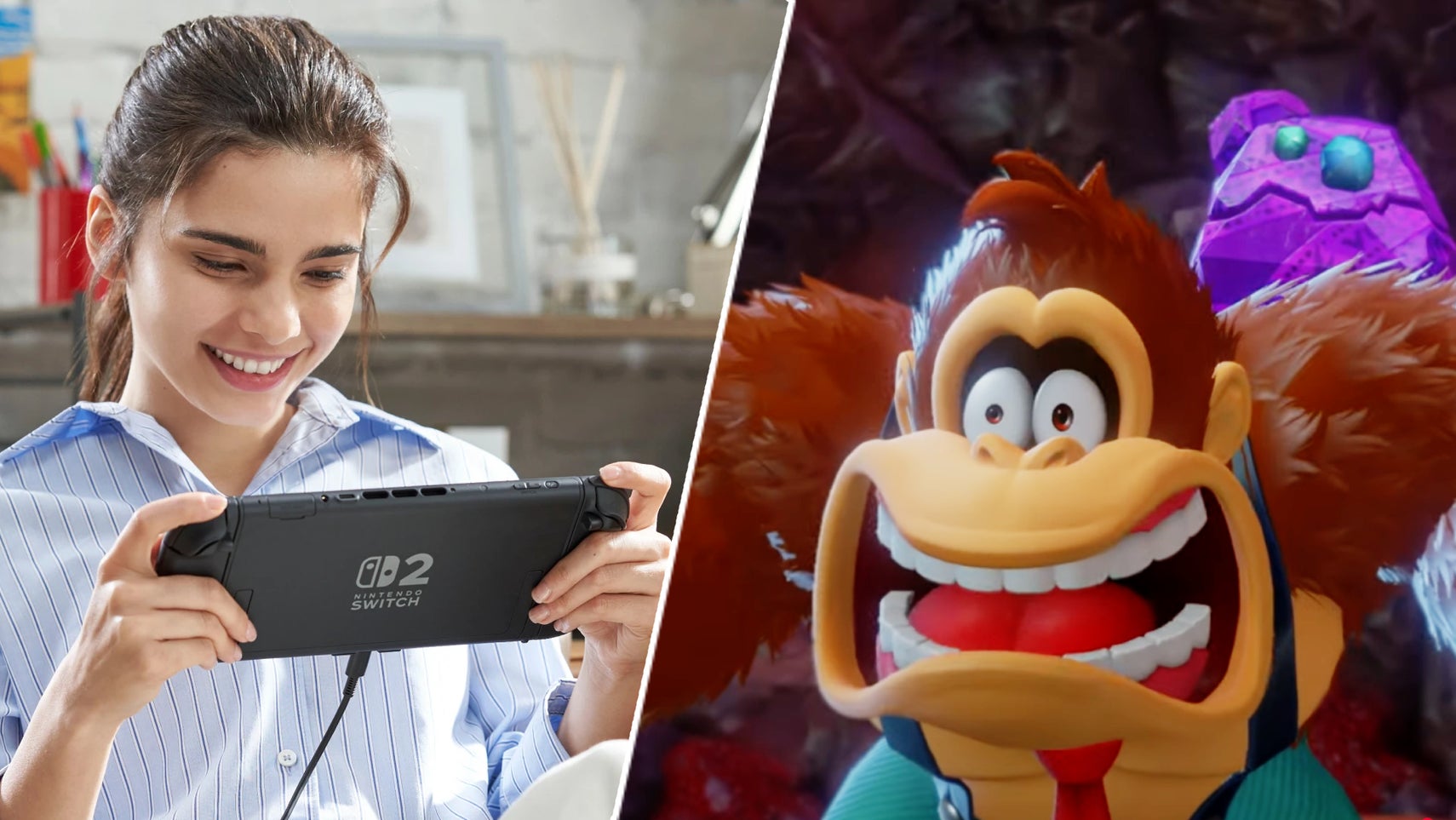 Donkey Kong freaking out in Donkey Kong Bananza opposite a woman playing on a Nintendo Switch 2. - 1