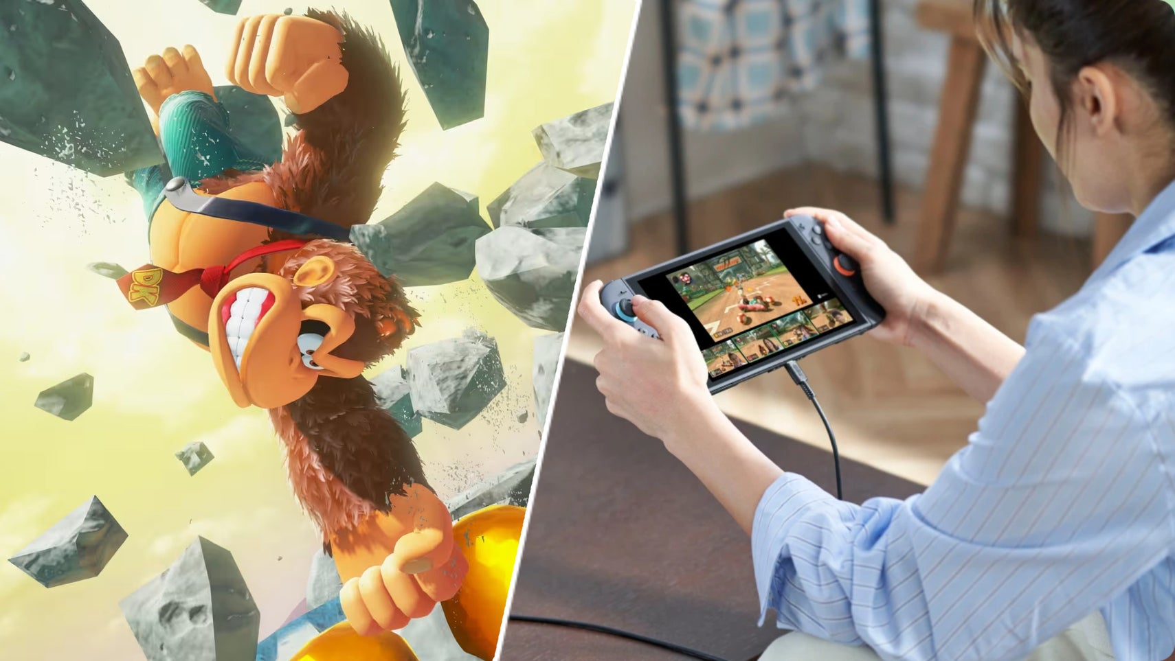 A Nintendo Switch 2 in someone's hands opposite Donkey Kong smashing rocks. - 1